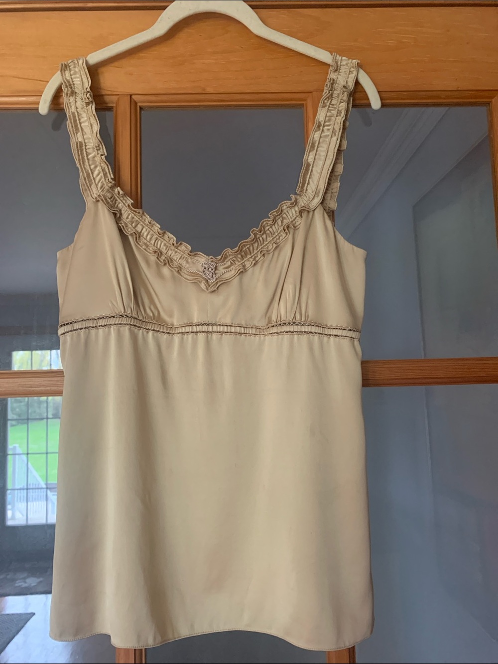 Vintage Elie Tahari Gold Silk Satin Braided Ruffle Camisole, Sz M